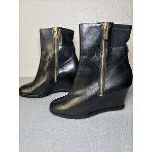 Michael Kors Leather Ankle Bootie Wedge Womens 6.5 Black Gold Accents